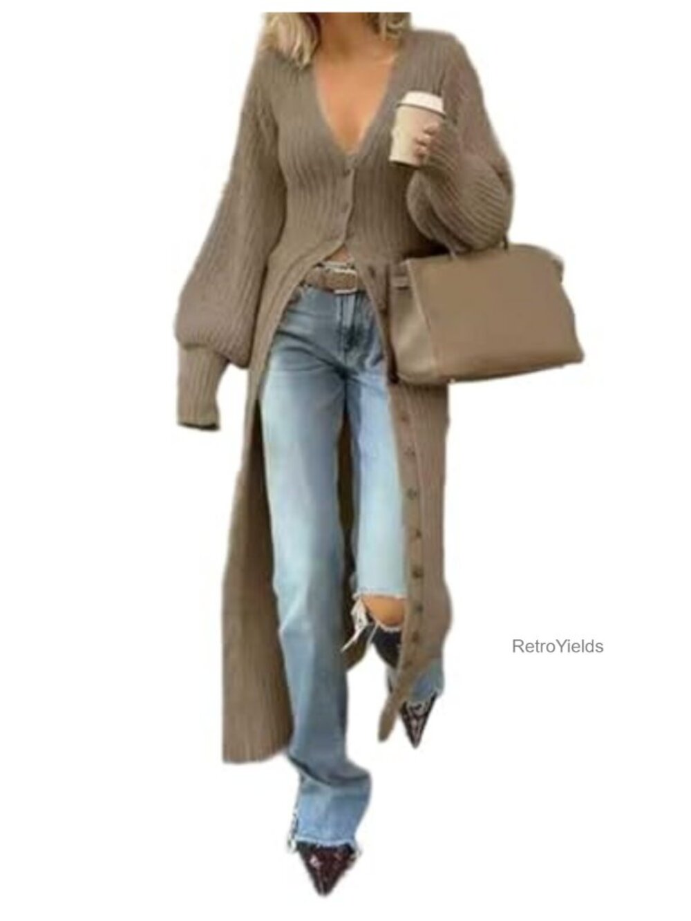 Women V-Neck Button Down Long Cardigan Maxi Sweater Dress Knit